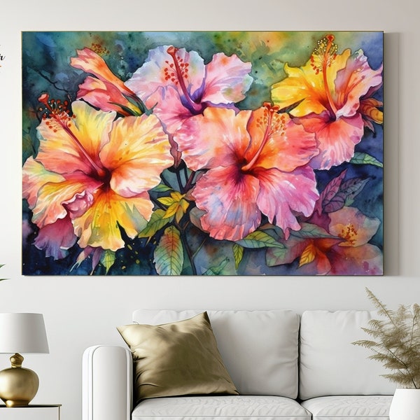 Peinture tropicale belle impression impressionniste sur toile de fleurs d'hibiscus colorées pour un art mural vibrant ou un cadeau d'amant floral grand art