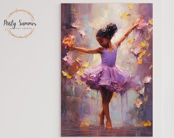 May include: A painting of a young girl in a purple tutu dancing with flowers around her. The background is a colorful abstract design.