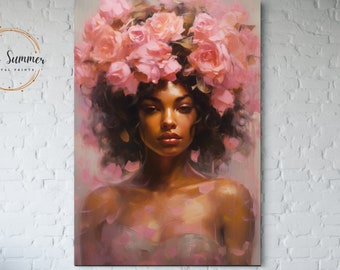 May include: A painting of a woman with dark skin and curly hair. She is wearing a crown of pink flowers and has a soft, dreamy expression on her face.