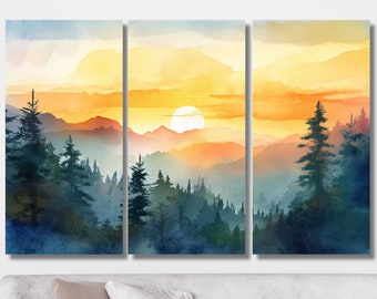 3 Panel Original Watercolor Sunset Mountain Landscape Impressionist Wall Art Housewarming Gift For Home or Office BOHO Large Wall Art