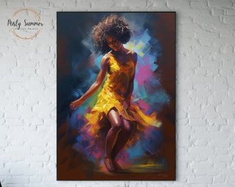 May include: A painting of a woman in a yellow dress dancing against a colorful abstract background. The woman has dark skin and curly hair. The background is a mix of blue, purple, pink, and yellow.