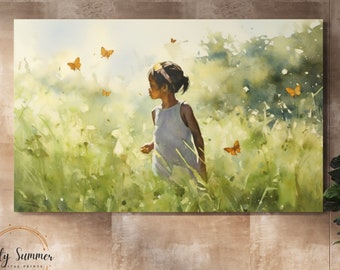 African American Watercolor Impressionist Print on Canvas of Beautiful African American Child in Field of Butterflies Original Modern Art