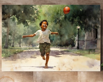 May include: A watercolor painting of a young boy running through a park with a red balloon. The boy is wearing a white shirt and green shorts. The park is green and lush with trees and a path.