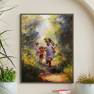 Beautiful African American Art Digital Print On Stretched Canvas Kids In The Park Black Art Design Ethnic Decor