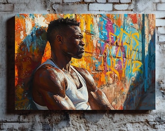 May include: A painting of a muscular man with a shaved head, wearing a white tank top, standing in front of a graffiti-covered wall. The man is looking to the right, and the wall is painted in shades of yellow, orange, blue, and purple.