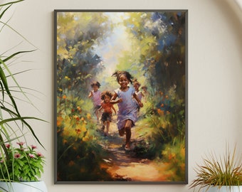 May include: A painting of four children running through a forest path. The children are all Black and are wearing colorful clothing. The path is lined with green trees and bushes. The painting is done in a realistic style with a warm color palette.