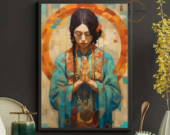 May include: A painting of a woman in a blue and orange robe with her hands clasped in prayer. She is surrounded by a circular orange and yellow pattern.