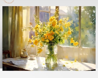 May include: A painting of a vase filled with yellow flowers sitting on a table in front of a window. The sun is shining through the window, casting light on the flowers and the table.