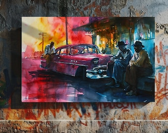 May include: A watercolor painting of a vintage red car parked on a street with two men sitting on a curb in the foreground. The sky is a vibrant orange and pink.