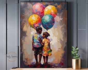 May include: A painting of two children, a boy and a girl, walking away from the viewer. They are holding onto a bunch of colorful balloons. The painting is done in a vibrant, impressionistic style.