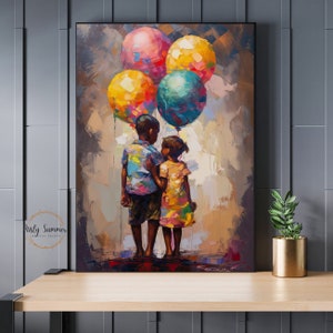 Beautiful Children and Balloons African American Wall Art Boho Art Deco Black Art Canvas Wall Art