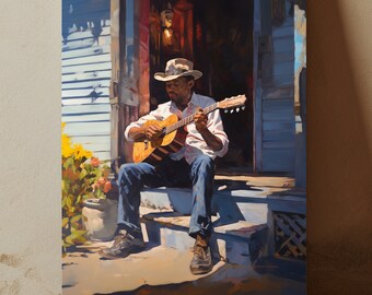 May include: A man wearing a cowboy hat sits on a porch steps playing an acoustic guitar. He is wearing a white shirt and blue jeans. The porch is painted blue and has a wooden railing. There are flowers in a pot on the porch.