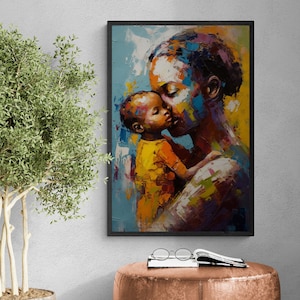 Impressionistic African American Mother and Child Canvas Print African Woman Ethnic Artwork Black Large Wall Art Original Work Housewarming