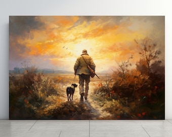 May include: A painting of a person walking with a dog through a field at sunset. The person is wearing a brown jacket and carrying a gun. The dog is black and brown and is walking beside the person.