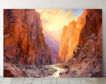 May include: A painting of a canyon with a river flowing through it. The canyon walls are a warm orange and red color, and the sky is a bright blue with clouds. The river is a light blue color and is flowing through the canyon.