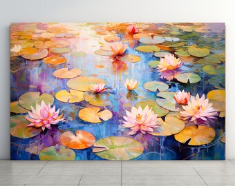 May include: A painting of a pond with water lilies. The water lilies are pink and white with green leaves. The water is blue and green with reflections of the lilies.