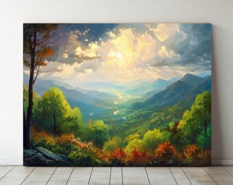 May include: A painting of a lush green valley with a river winding through it. The valley is surrounded by mountains, and the sky is a bright blue with white clouds. The sun is shining brightly, and the light is casting long shadows across the landscape.