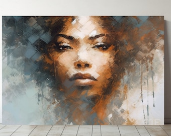 May include: Abstract painting of a woman's face with brown and orange tones. The background is a mix of blue and gray with a textured, brushstroke effect.