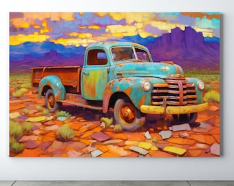 May include: A vintage blue pickup truck with rust and a wooden bed sits on a red dirt road with a mountain range in the background. The sky is a vibrant orange and yellow.