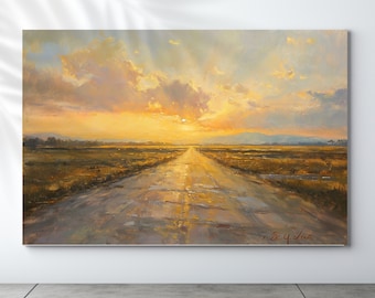 May include: A painting of a long, dirt road leading to a golden sunset. The sky is filled with clouds, and the sun is setting behind the horizon. The road is wet from recent rain, and the puddles reflect the light of the setting sun.