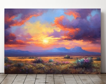May include: A painting of a sunset over a field of wildflowers. The sky is a mix of orange, pink, and purple, with clouds that look like brushstrokes. The sun is setting behind a line of mountains in the distance.