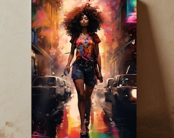 May include: A vibrant art print depicts a person walking down a city street. The person is wearing a colorful top, denim shorts, and a jacket. The artwork features a colorful, impressionistic style with a focus on light and reflection.