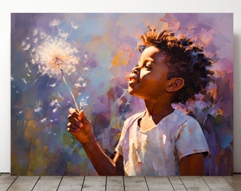 May include: A young person with dark brown skin blows on a dandelion with white seeds floating in the air. The background is a colorful abstract painting with shades of purple, blue, yellow, and orange.
