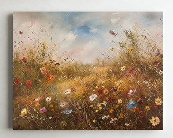 Clouds and A Path Through Spring Wildflowers Original Artwork Digital Print On Canvas Vintage Wall Decor For Office or Living Room Decor