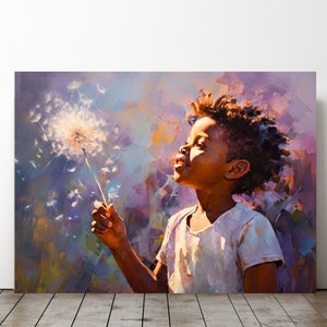 African American Art Child With A Dandelion Impressionist Original Oil Painting Digital Print On Stretched Canvas BOHO Black Art Design