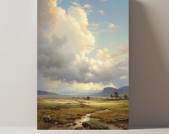 May include: A painting of a landscape with a large, fluffy cloud in the sky. The landscape is a grassy field with a small stream running through it. There are a few trees in the distance and a mountain range in the background.