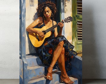 May include: A woman in a floral dress plays a yellow acoustic guitar while sitting on a blue and white staircase. The background is a white wall with a green door.