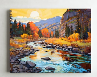May include: A painting of a river flowing through a rocky landscape with a cliff face on the right side of the image. The river is surrounded by trees with yellow, orange, and red leaves. The sky is a bright yellow with a large sun in the center.