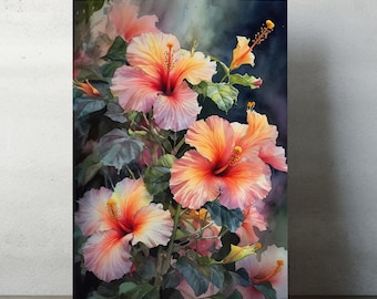 May include: A watercolor painting of a cluster of pink and orange hibiscus flowers with green leaves. The flowers are in various stages of bloom, with some fully open and others still in bud.