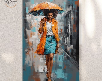 May include: A woman walks down a city street holding an orange umbrella. She is wearing a bright orange jacket, a white shirt, and a blue skirt. The painting is done in a stylized, abstract style.
