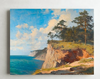 May include: A painting depicting a rocky cliffside overlooking a blue ocean. The cliff is covered in green grass and trees, with a few trees at the top of the cliff. The sky is blue with white clouds.