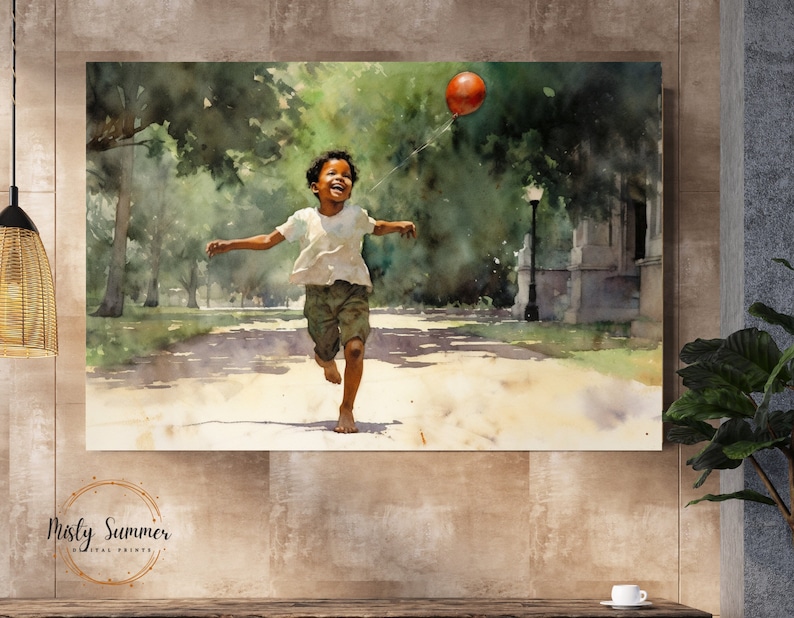 May include: A watercolor painting of a young boy running through a park with a red balloon. The boy is wearing a white shirt and green shorts. The park is green and lush with trees and a path.