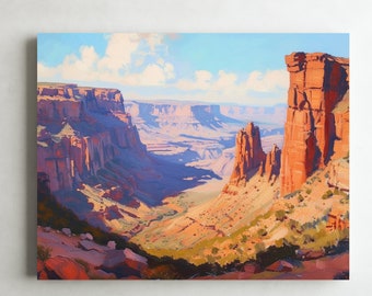 May include: A painting of a canyon landscape with red rock formations and a blue sky with white clouds. The canyon is deep and narrow, with a river running through it. The painting is done in a realistic style, with a focus on detail and light.