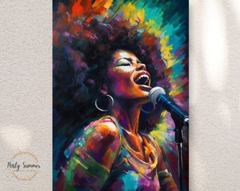 May include: A colorful painting of a woman singing into a microphone. The woman has an afro and is wearing a colorful shirt. The background is a vibrant mix of colors.