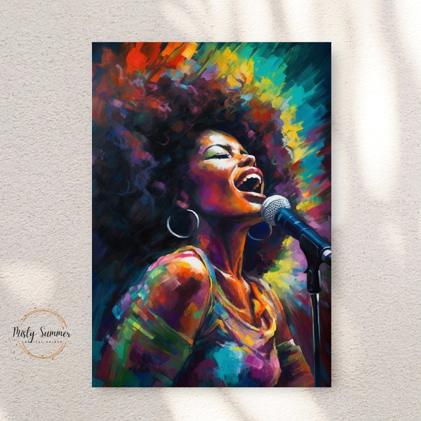 African American Neon Colored Impressionist Print on Canvas of Beautiful African American Jazz Musician Singing for Modern Wall Art, Music R