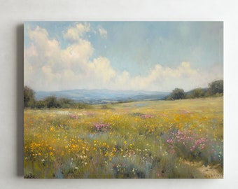 May include: A painting of a field of wildflowers in bloom under a blue sky with white clouds. The field is green and the flowers are yellow, pink, and white. The horizon is in the distance and there are trees on the left side of the painting.