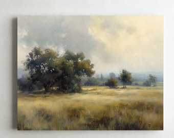 May include: A painting of a landscape with a large tree in the foreground and a smaller tree in the background. The sky is cloudy and the ground is covered in grass.