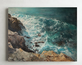 May include: A painting of a rocky coastline with crashing waves. The water is a deep blue-green color, and the rocks are a dark brown. The waves are white and foamy, and they are crashing against the rocks.