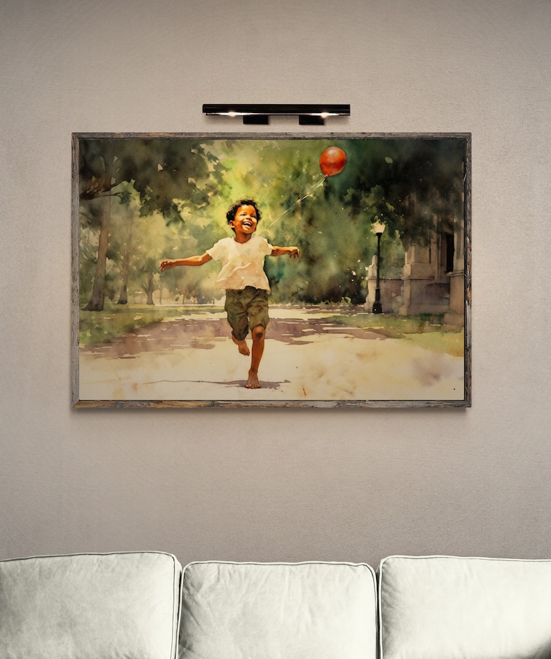 May include: A watercolor painting of a young person running through a park with a red balloon. The painting is framed in a wooden frame.