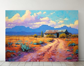 May include: A painting of a weathered, white farmhouse in a desert landscape. The house is surrounded by cacti and other desert plants. The sky is a vibrant blue with fluffy white clouds. The painting is done in a realistic style with a focus on the details of the landscape.