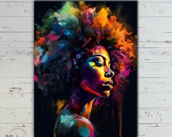 Hermosa mujer afroamericana, arte moderno de neón con un toque de arte abstracto, decoración de arte de pared bohemio para sala de estar, galería, arte de calidad