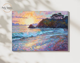 Impressionist Original Seascape Canvas Print Rugged Coastline Ocean Waves, Nautical Wall Art Marine Landscape Serene Home Decor Large Wall
