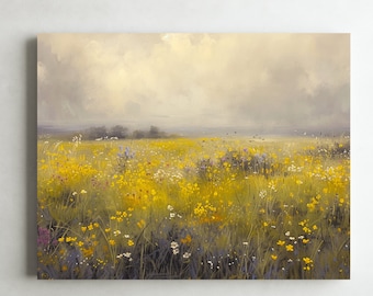 May include: A painting of a field of yellow wildflowers under a cloudy sky. The field is in the foreground and the sky is in the background. The painting is done in a realistic style.