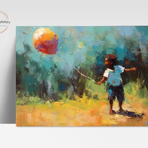 Impressionist Digital Print on Canvas of African American Child Holding Balloon Black Art Afro Art BOHO Ethnic Design