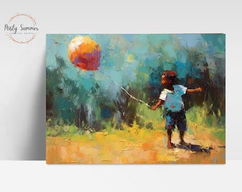 Impressionist Digital Print on Canvas of African American Child Holding Balloon Black Art Afro Art BOHO Ethnic Design