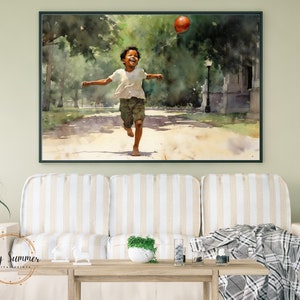 May include: A watercolor painting of a young person running through a park with a red balloon in the air. The person is wearing a white shirt and green shorts. The background is a green park with trees and a path.